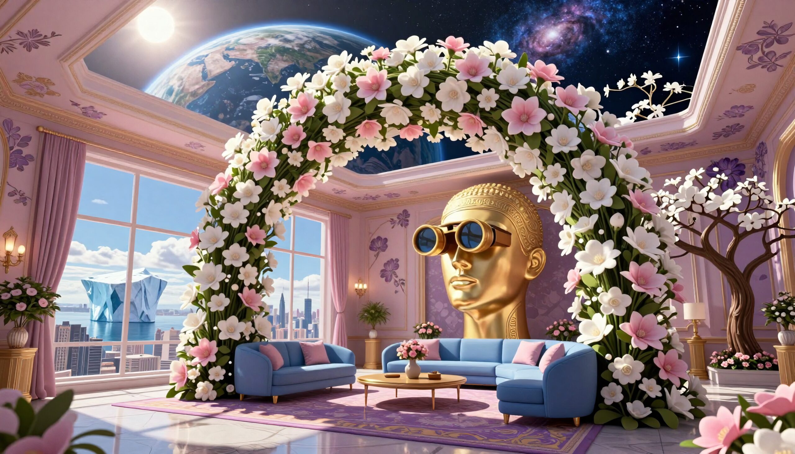 Futuristic Living Room with Flowers