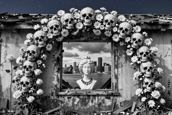 Ethereal scene of skulls and flowers with a city skyline backdrop.