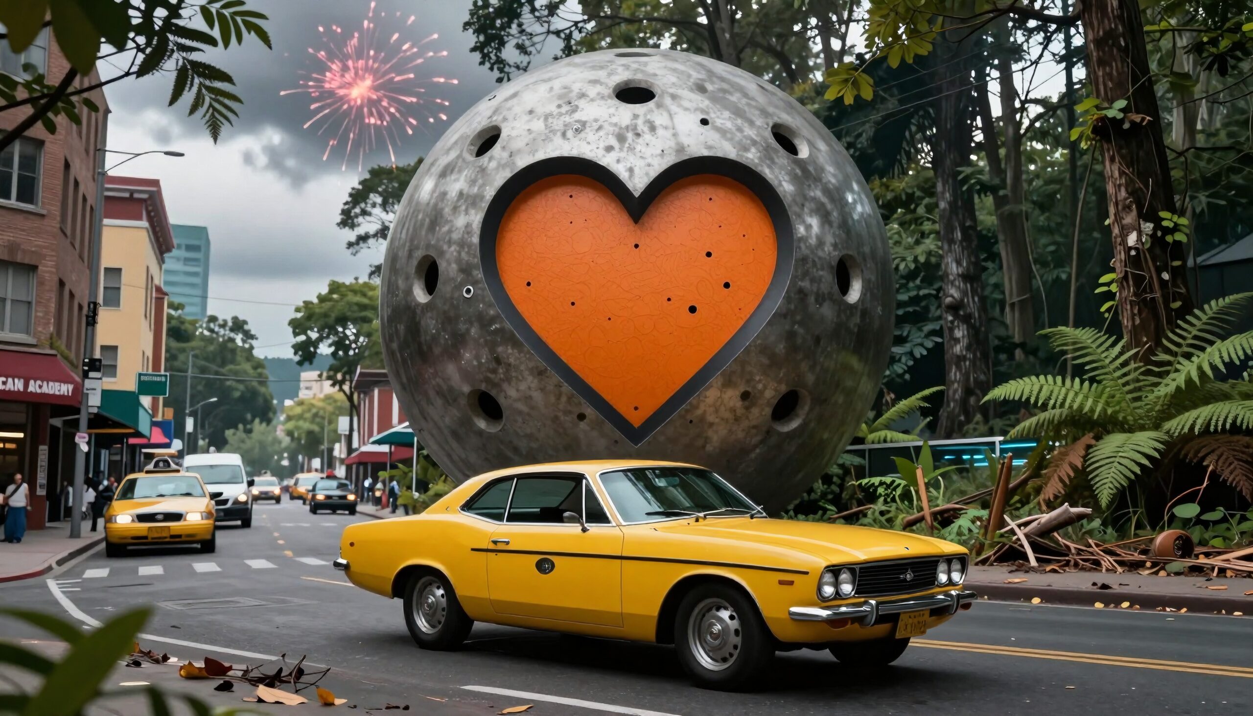 Vintage Car and Urban Sculpture