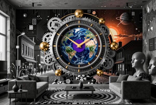 Surreal living room with futuristic earth clock.
