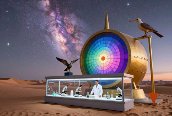 Scientist in a desert lab with a cosmic backdrop.