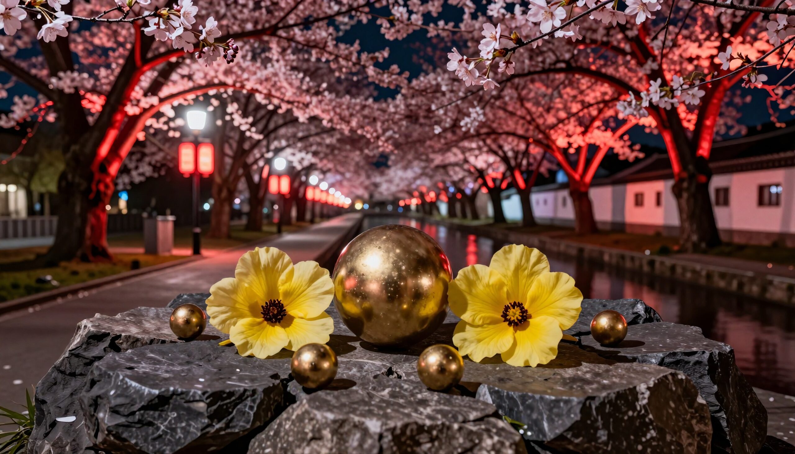 Golden Spheres Under Cherry Blossoms