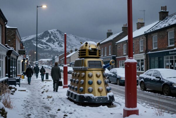 A Dalek stands in a snowy village street surrounded by mountains and winter scenery.