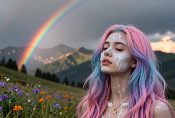 A young woman with colorful hair stands in a field of flowers, with a rainbow arching over distant mountains.