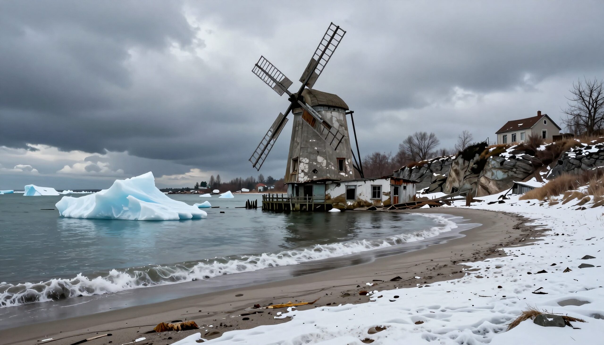 Coastal Frozen Windmill Landscape