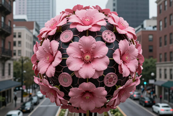 Pink Cherry Blossom Sculpture in City Street Scene