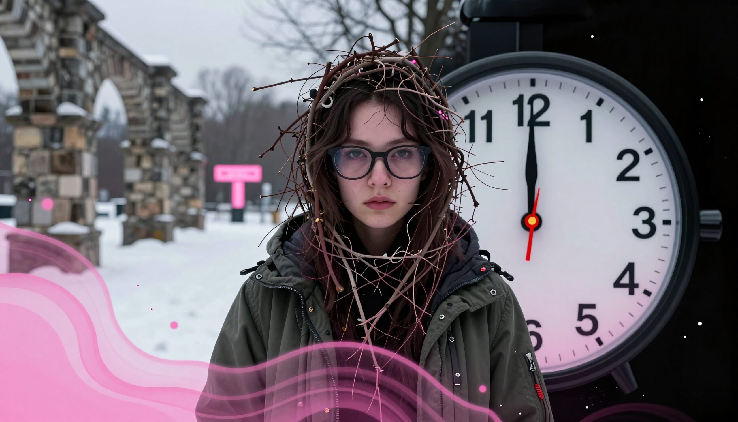 Surreal Winter Clock and Twigs