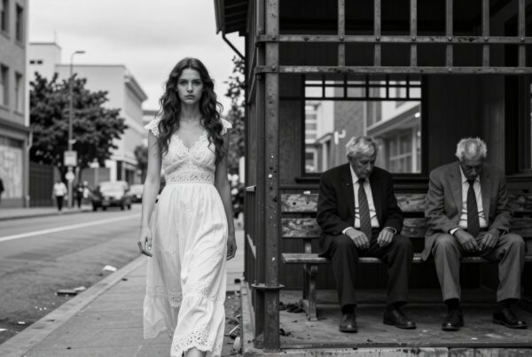 A young woman in a white dress walks past two elderly men sitting at a bus stop in a city street.