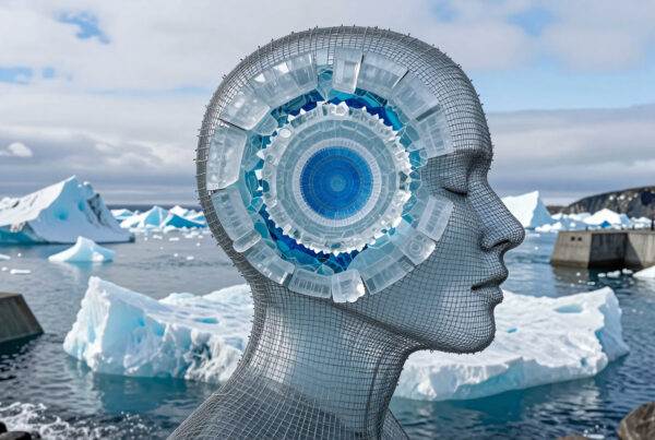 Digital wireframe human head with blue gear mechanism against Arctic icebergs and harbor
