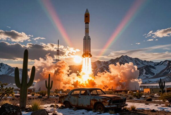 A rocket launches against a stunning desert sunset, with mountains, cacti, and a rainbow.
