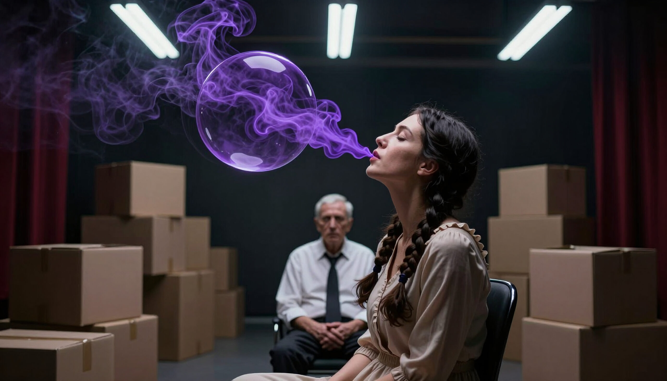 Woman Blows Purple Smoke Bubble