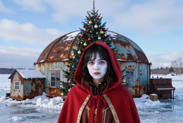 A woman in a red cloak stands on an icy landscape with a Christmas tree and rustic shack behind her.