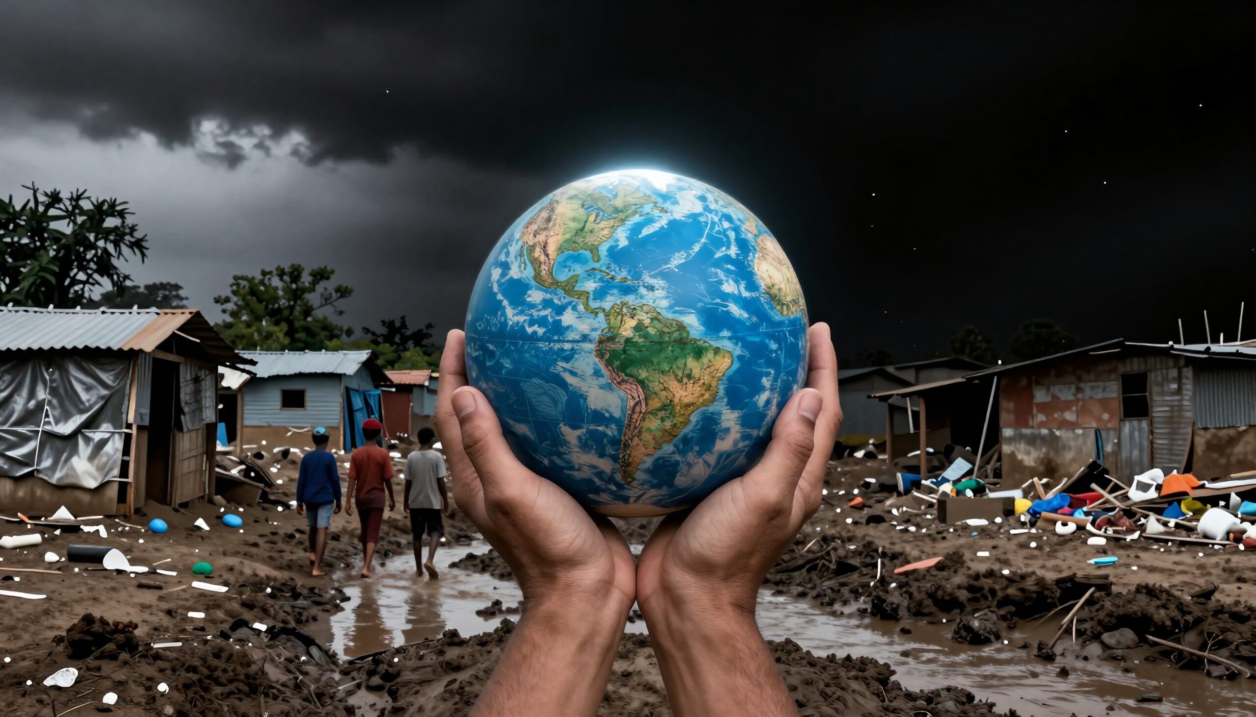 Hands Holding Earth Amidst Flooding