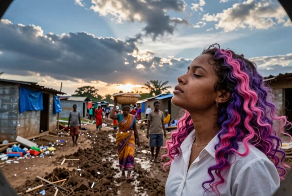 A woman with colorful hair stands calmly in a rural village at sunset, surrounded by daily life and glowing sky.