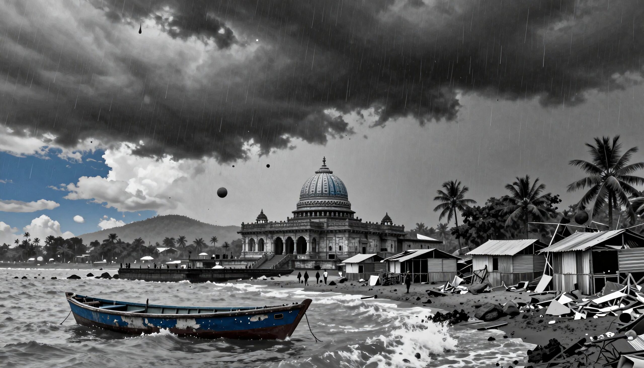 Storm Over Coastal Village Scene