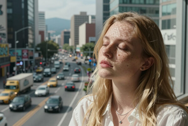 Woman relaxing indoors watching busy city street from sunny window