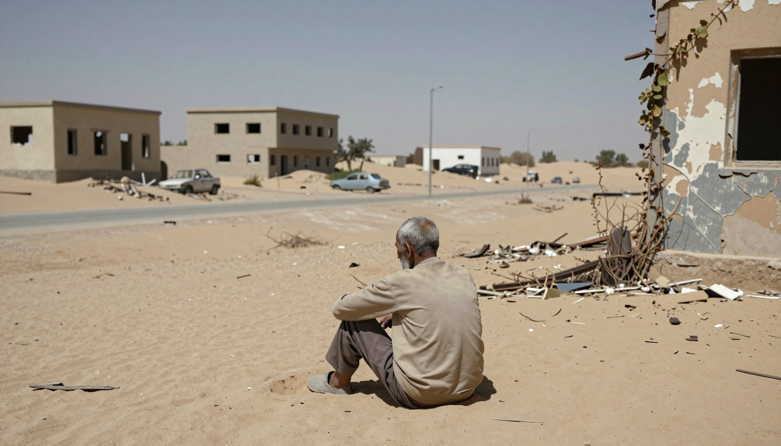 Deserted buildings in dusty setting