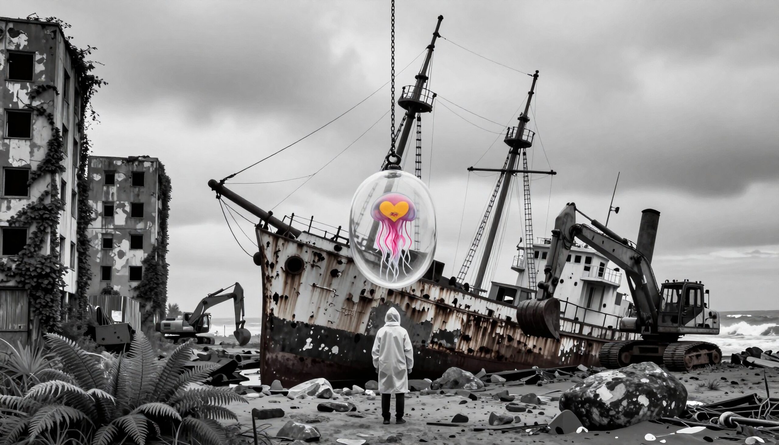 Vibrant Jellyfish in Desolate Landscape