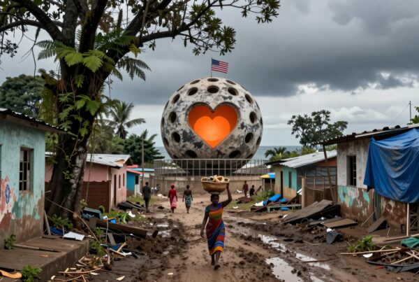 A vibrant street scene with a heart-shaped structure and villagers.