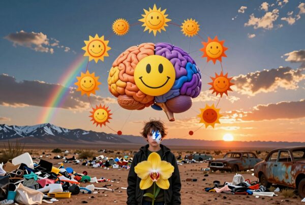 A surreal scene featuring a person in a desert with a floating brain, surrounded by smiley faces, a rainbow, and a sunset backdrop.