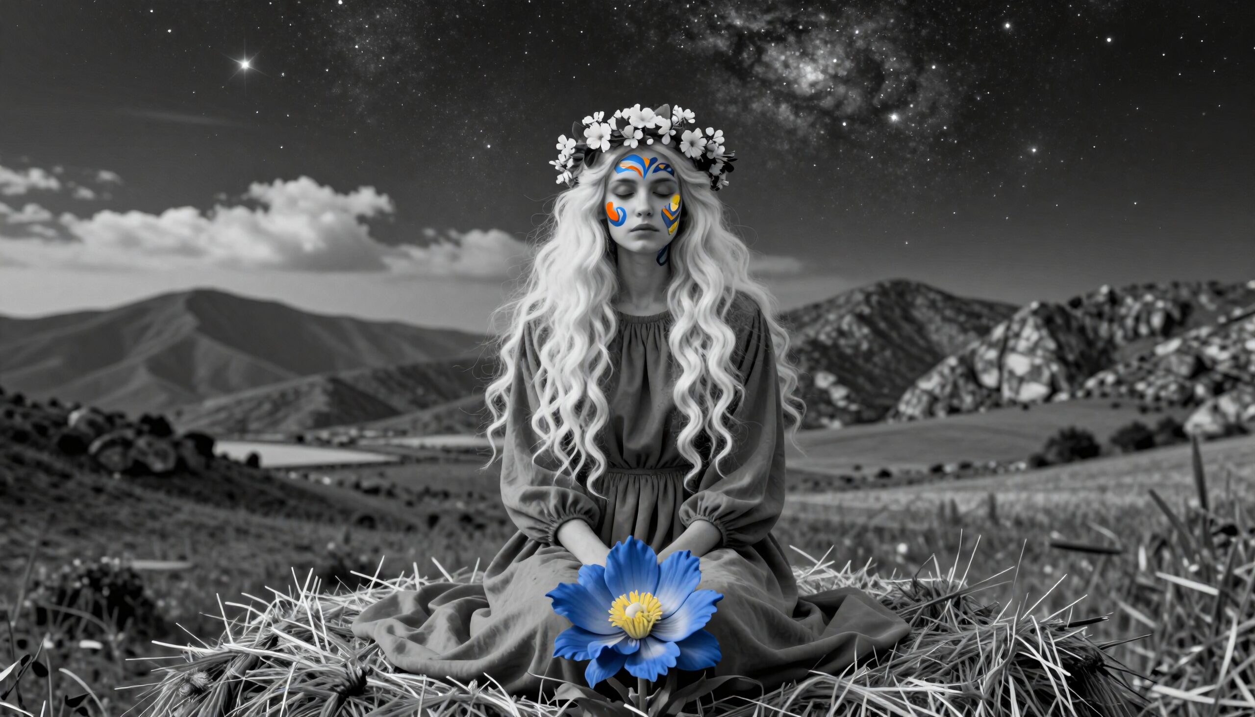 Majestic figure in surreal landscape