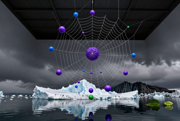 A surreal spider web with colorful spheres hangs over icebergs and water.