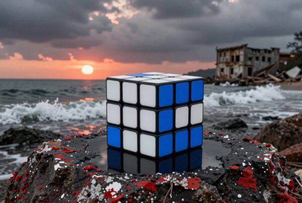 A Rubik's Cube on a rocky beach with sunset, ocean, and waves in the background.