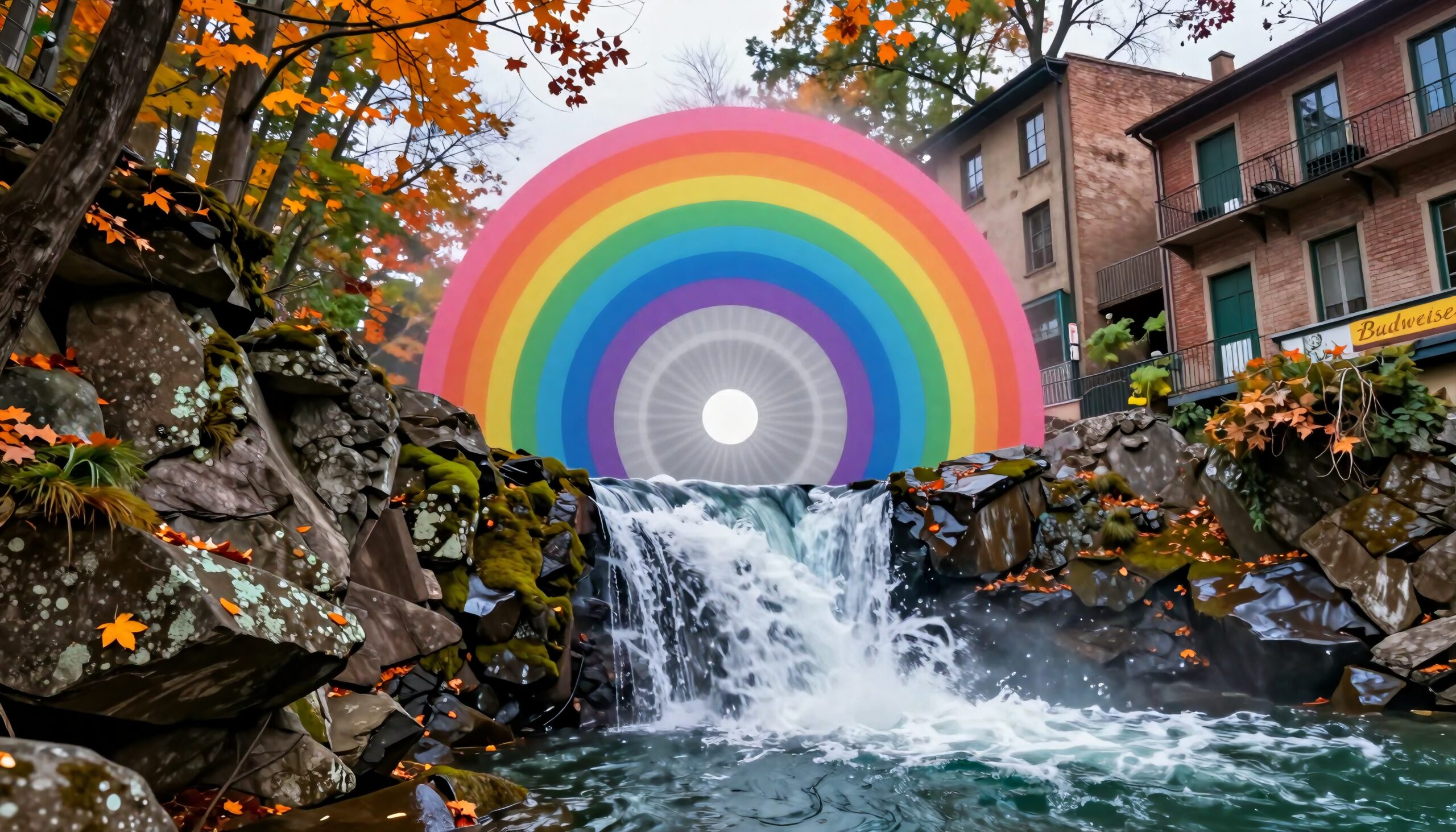 Rainbow Over Waterfall in Autumn