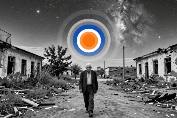 An elderly man walks through an abandoned street under a surreal cosmic sky, surrounded by decaying buildings and debris.