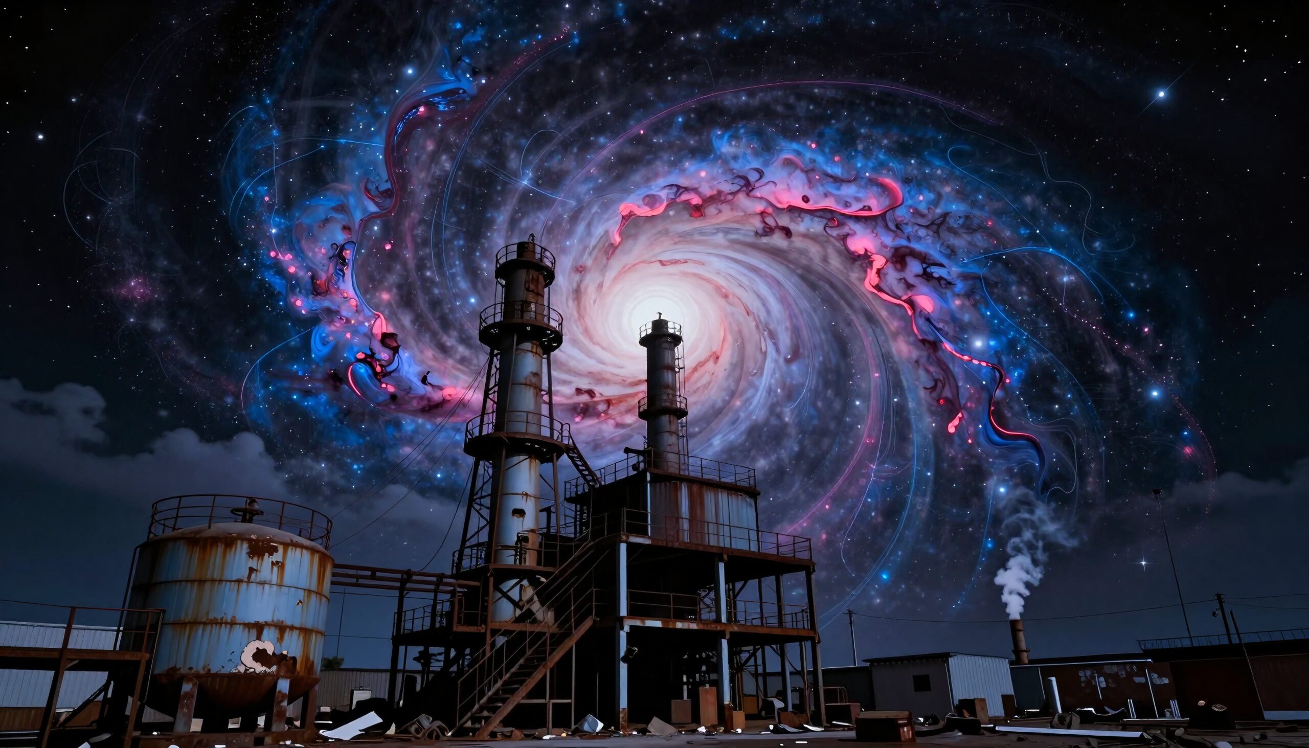 Celestial Skies Above Rusted Industry