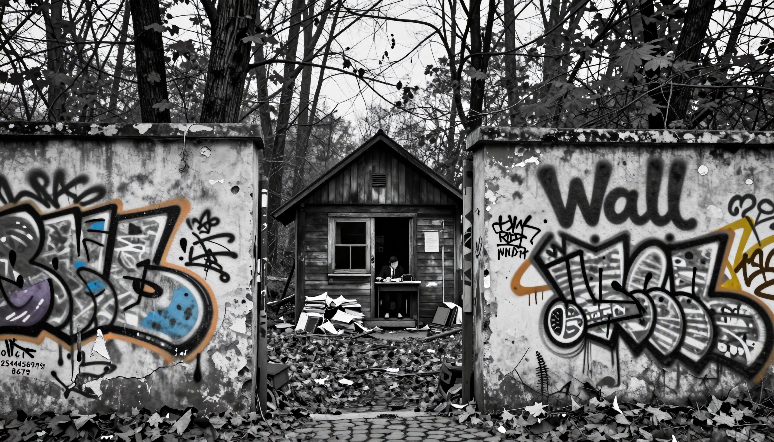 Abandoned Cabin Amidst Graffiti