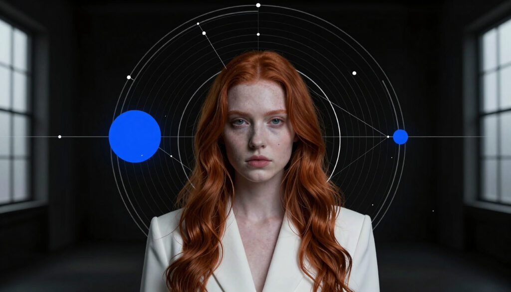 Futuristic Portrait with Digital Overlay in Dark Studio Setting