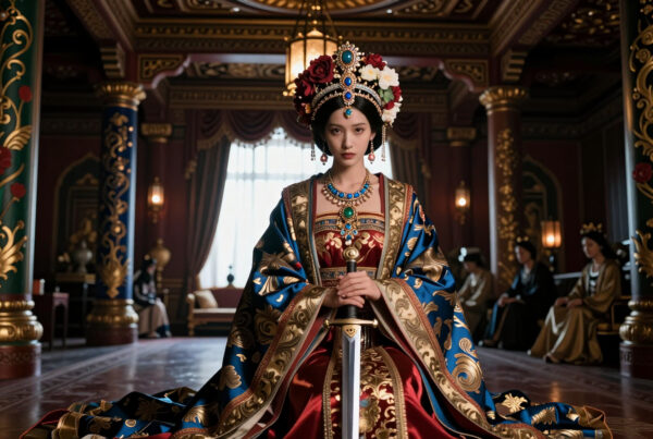 Regal Queen Holding Sword in Luxurious Palace Hall