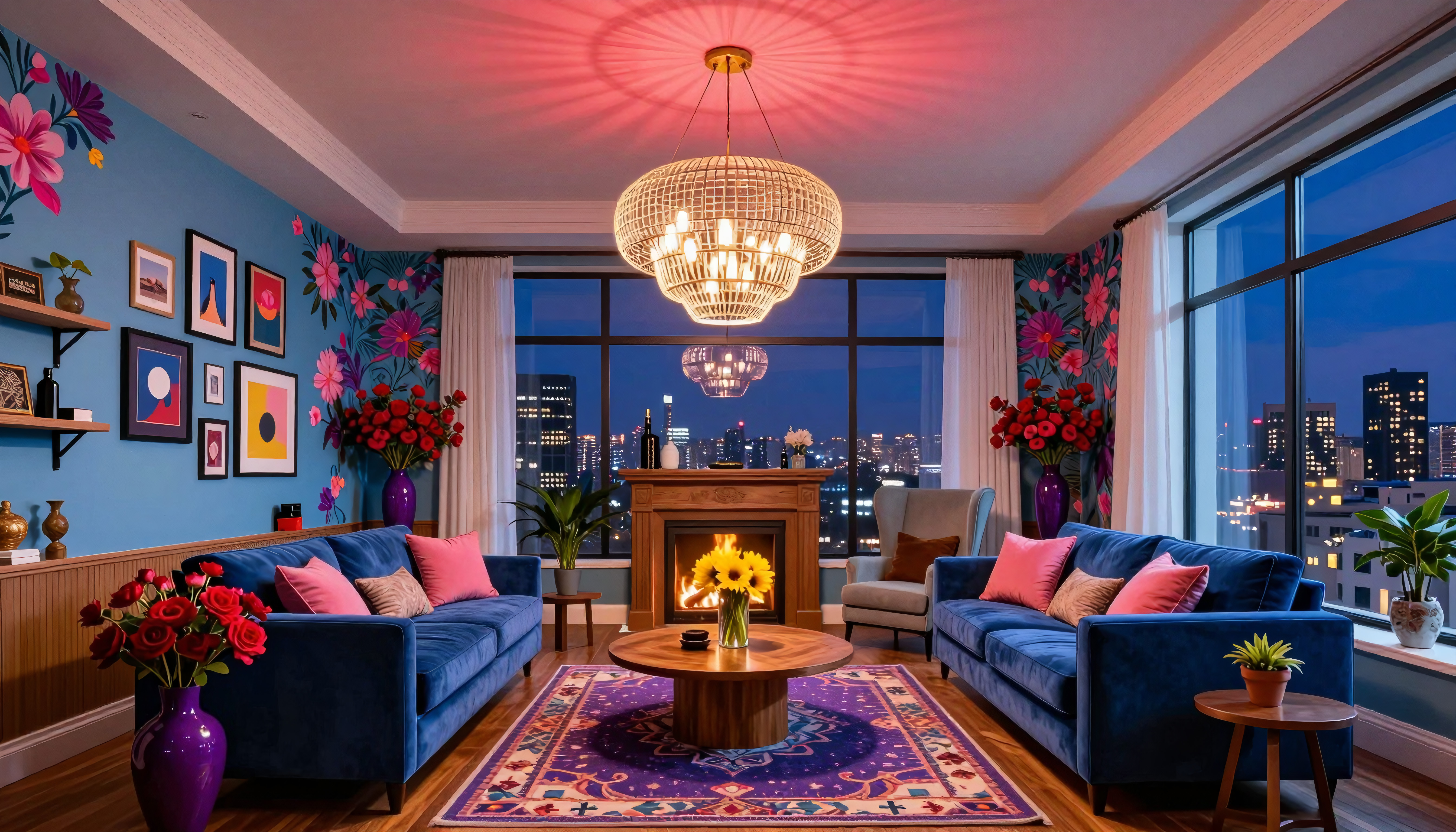 Modern Living Room with City View