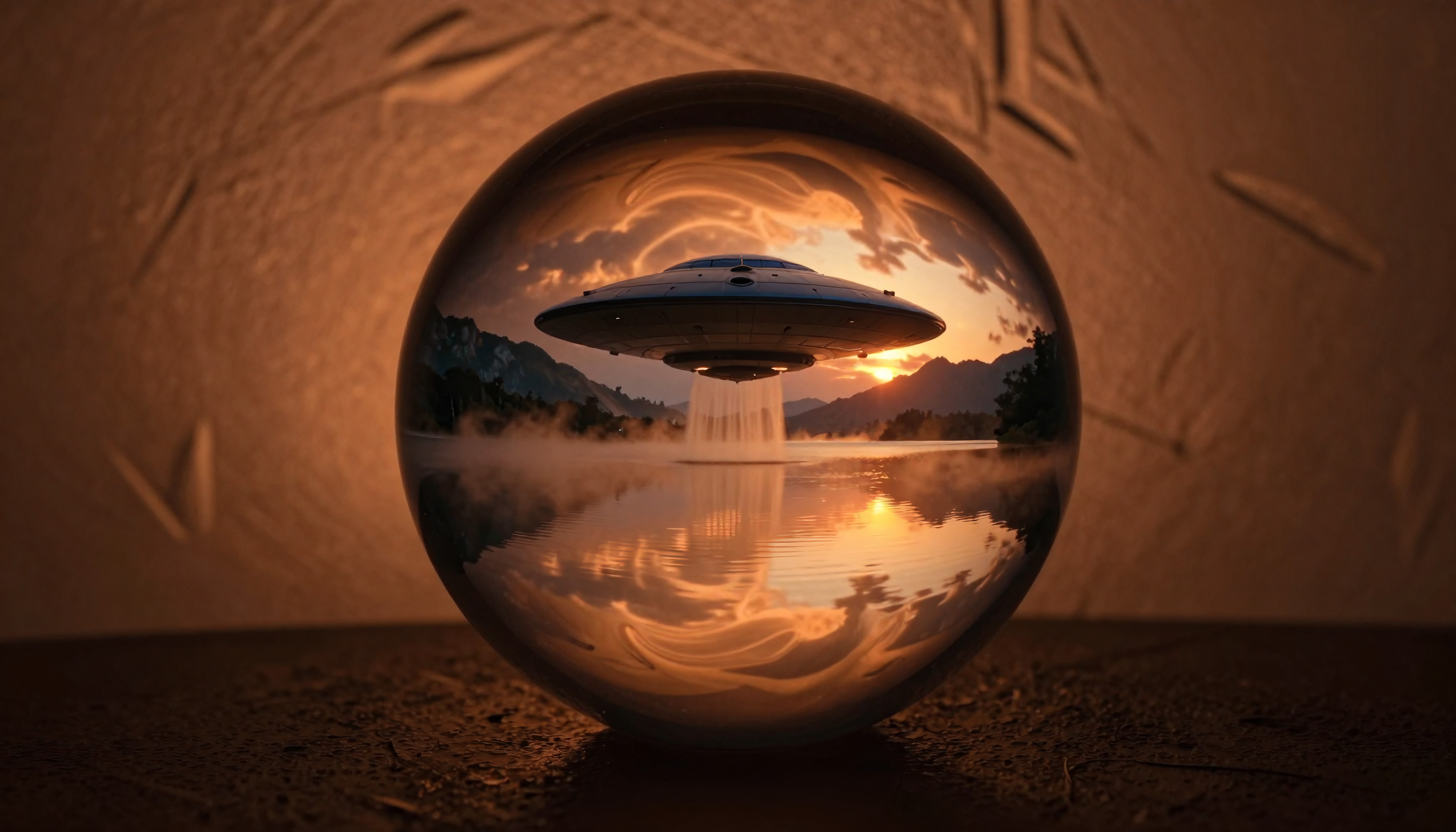 UFO Reflection in Glass Sphere Over Misty Lake