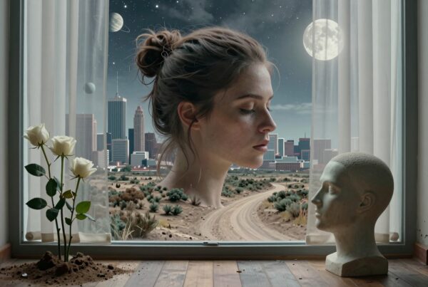 A serene woman’s profile amidst surreal cityscape under starry night sky with roses and bust.