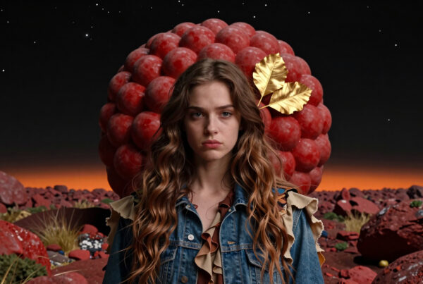 Young woman wearing denim jacket standing before giant raspberry-like orb on alien planet with golden leaves crown and starry sky background