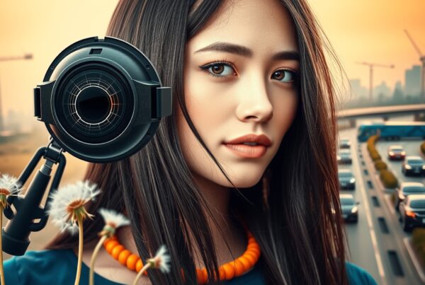 A woman stands before a sunset cityscape, featuring a lens, necklace, and dandelions.