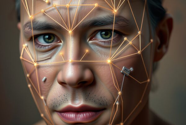 Hyper-realistic human face with glowing technology overlay.