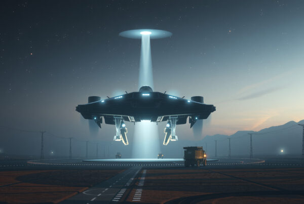 UFO lands mysteriously over desert highway attracting curious human witnesses