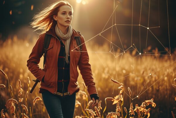 A young woman exploring a sunlit autumn field with a digital overlay.