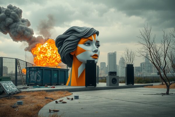 A vividly colored sculpture amidst urban skyline explosion.