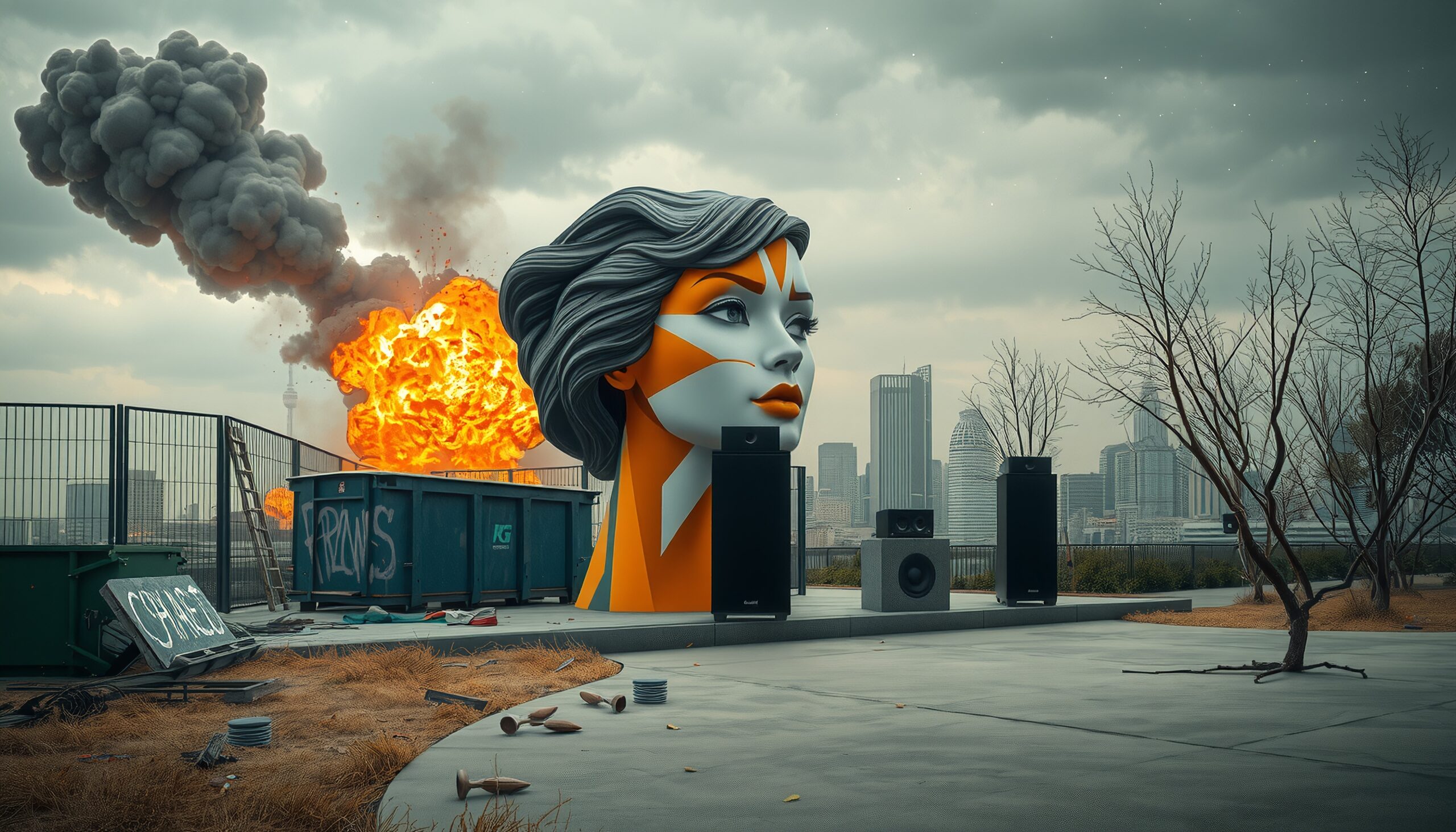 Urban Art Amidst Fiery Explosion