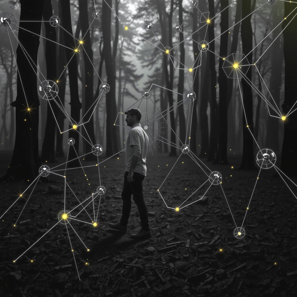 Digital Network in Misty Forest with Human Figure