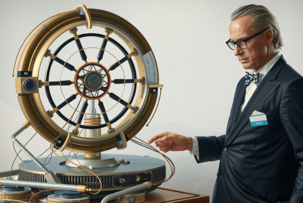 A distinguished man examines an intricate mechanical device with a steampunk aesthetic.