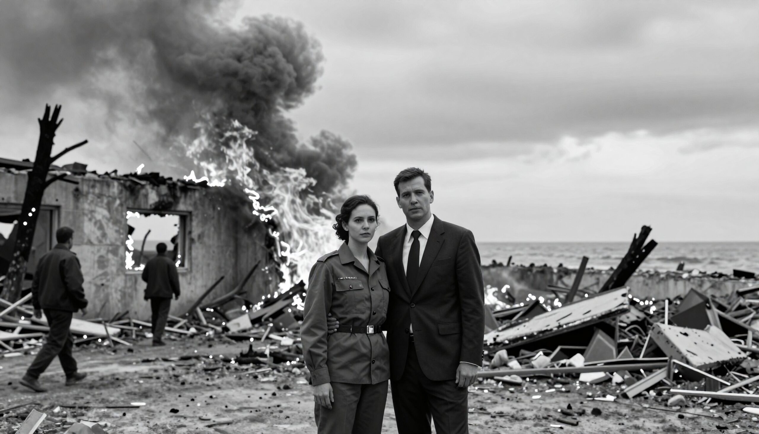 Dramatic scene amidst fiery wreckage