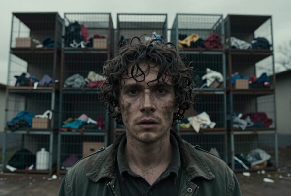 Young man stands before cluttered cages, face dirtied, intense gaze.