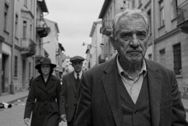An elderly man in a suit leads a walk down a monochrome city street followed by two others.