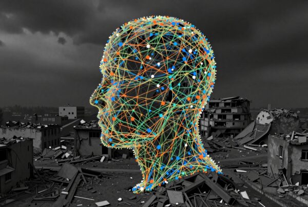 A colorful neural network head overlaid on a grayscale image of urban destruction, symbolizing technology amidst chaos.