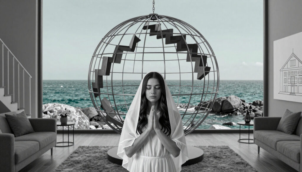 Woman in Veil Before Large Globe Window Looking Out to Sea